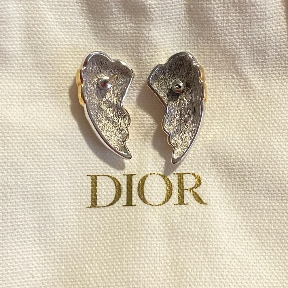 Rare Vintage Christian Dior Angel Wings Pierced Earrings in Silver/Gold With CZs - Picture 4 of 7